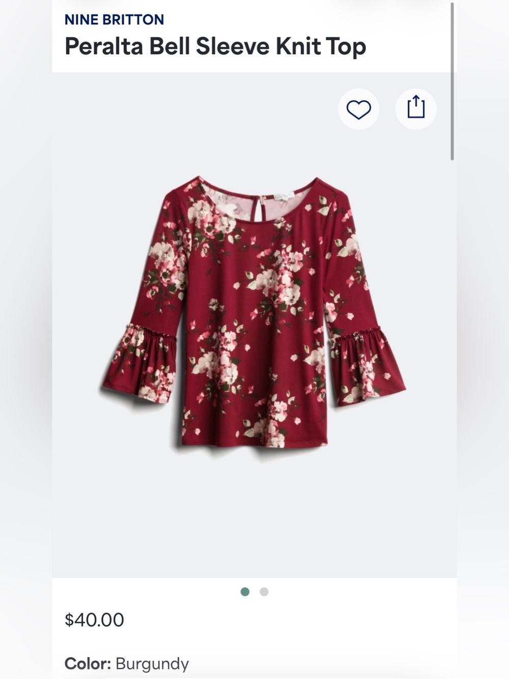 nine britton Floral Bell-Sleeve Blouse - Burgundy with Pink & Cream Flowers